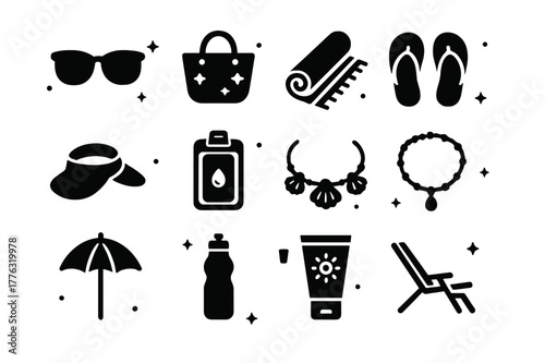 Beachwear Icon Collection. Beachwear accessories. Solid icons set of Beachwear accessories: sunglasses, beach tote, beach towel, flip-flops, visor, waterproof