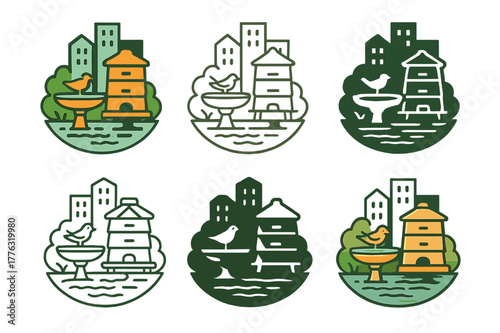 Suburban Beekeeping Logos. Suburban beekeeping with urban landscapes. Set Logo of Suburban beekeeping with urban landscapes: water source birdbath near hive