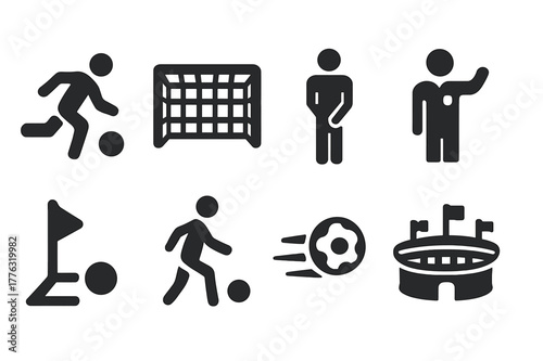 Match Scenario Icons. Match scenario. Filled icon set of match scenario: player shooting, goalpost, defender,