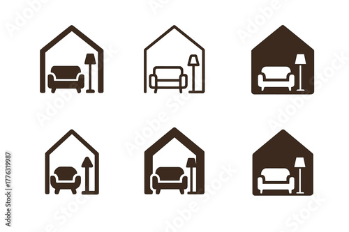 Home Staging Logos. Home staging for selling. Set Logo of home staging for selling: neutral palette furniture layout. Icon set. harmonious logo variations of