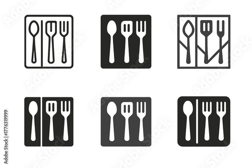 Drawer Organizer Logos. Using drawer organizers for kitchen gadgets. Set Logo of Using drawer organizers for kitchen gadgets: neatly arranged utensils in a