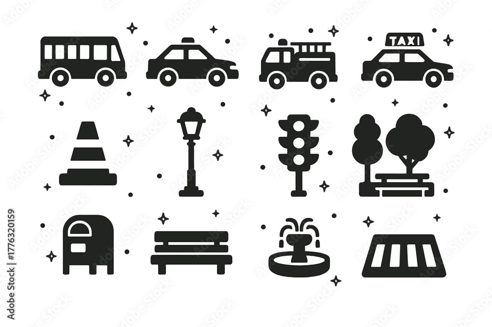 Fototapeta premium City Icons. City Elements. Solid icons set of City Elements: bus, police car, fire truck, taxi, construction cone, lamppost, stoplight, tree,