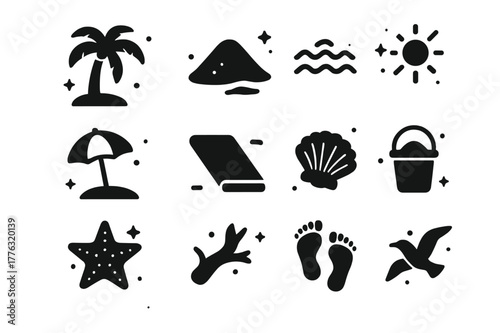 Tropical Shore Icons. Tropical Shore. Solid icons set of Tropical Shore: palm tree, sand, ocean waves, sun, beach umbrella, towel, seashell, bucket, starfish,