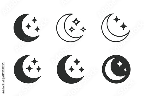 Sleep Emblem Variations. The importance of sleep. Set Logo of the importance of sleep: crescent moon with stars. Icon set. harmonious logo variations of the