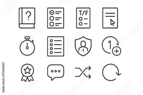 Assessment Icon Set. Assessments and quizzes. Line icon set of assessments: question bank, multiple choice, true false, short answer, timer, answer sheet,