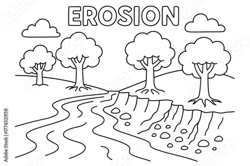 Erosion River Coloring Page. Erosion children?s coloring book illustration, outlined drawing, a picture of a river with trees holding the soil, educational