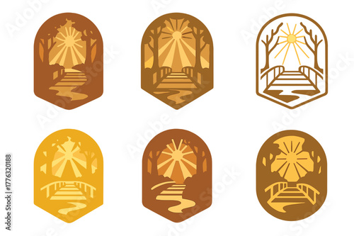 Symbolic Path Logos. symbolic path leading through the woods, filled with light. Set Logo of symbolic path leading through the woods, filled with light: Wooden