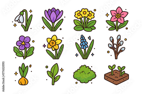 Spring Flora Icons. Early spring flora. Colorful isometric vector icons set of Early spring flora: snowdrop, crocus, primrose, hellebore, violet, daffodil,