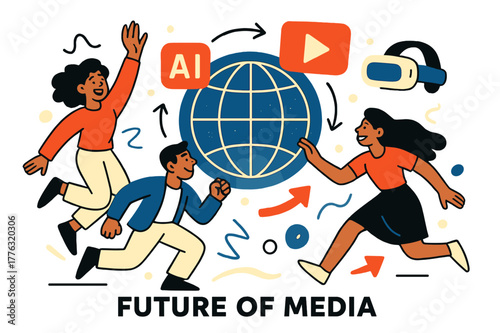 Innovative Storytelling Revolution. Future of media. A glowing digital globe surrounded by icons of AI, VR,