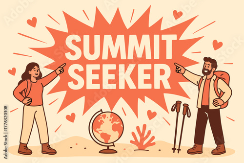 Summit Seeker Adventure. Summit seeker banner, flat vector illustration, bold oversized text inside splash explosion, cartoon characters standing and pointing,