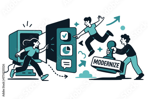 Legacy App Transformation. Legacy system modernization. A retro monitor opens like a door revealing sleek apps; cables transform into clean lines. A stamp