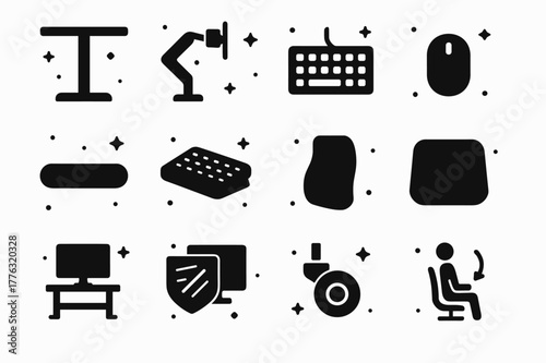 Ergonomic Office Icons. Ergonomic home office. Solid icons set of Ergonomic home office: adjustable desk, monitor arm, keyboard, mouse, wrist rest, footrest,