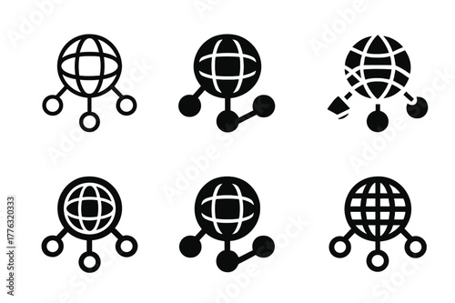 Logo Variations Grid. Multinational companies. Set Logo of Multinational companies: interconnected globes network. Icon set. harmonious logo variations of the