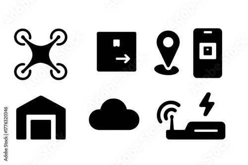 Drone Delivery Icons. Drone delivery. Filled icon set of drone delivery: quadcopter, parcel box, map pin,