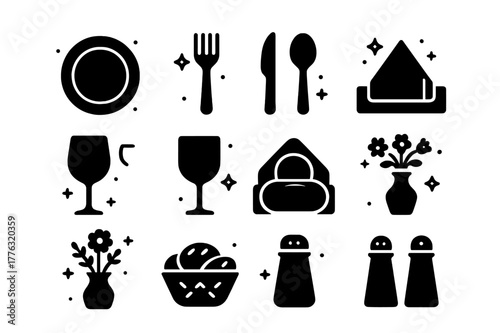 Formal Dinner Icons. Formal Dinner Setup. Solid icons set of Formal Dinner Setup: plate, fork, knife, spoon, wine glass, water glass, napkin, placemat,