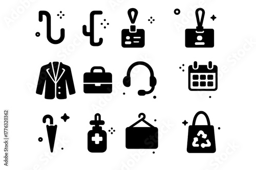 Office Icon Set. Office coat and bag hooks. Solid icons set of Office coat and bag hooks: cubicle hook, desk side hook, conference badge lanyard, blazer,