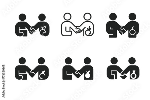 Tariff Negotiation Icons. tariff negotiations. Set Logo of tariff negotiations: people exchanging goods and handshake silhouette. Icon set. harmonious logo