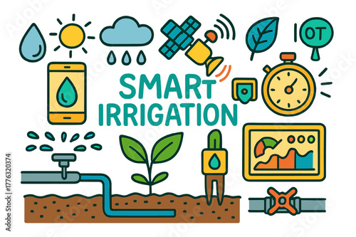Smart Irrigation Doodles. Smart Irrigation. Colorful Hand-drawn doodle Children illustration Smart Irrigation sprinkler, soil moisture sensor, smartphone,