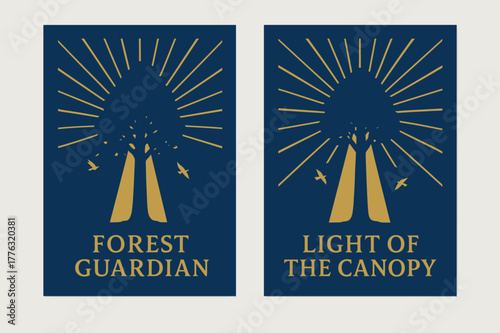 Forest Guardian Banners. Forest & Light. Two vertical A6 banners with safe margins, centered composition, no elements touching edges, minimal, cobalt and gold,