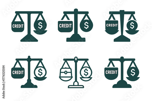Balance Scales Logos. Paying off debts and credit obligations. Set Logo of financial balance: scales balancing credit and savings. Icon set. harmonious logo