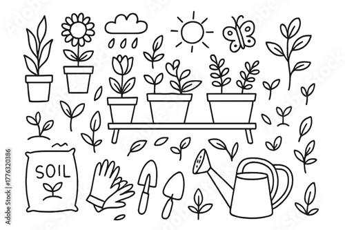 Garden Tools Doodle. Flower pots. Hand-drawn doodle illustration flower pots potted plants, blooming flowers, watering can, soil bag, gardening gloves, shovel,