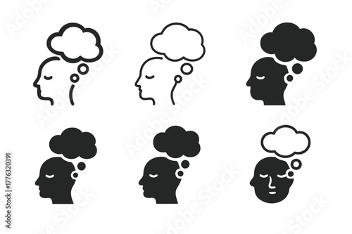 Sleep Emblem Designs. The importance of sleep. Set Logo of the importance of sleep: dream bubble over head. Icon set. harmonious logo variations of the same