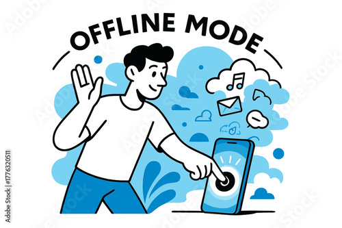 Digital Detox Art. Stress management techniques ? Digital detox. A hand turns off a glowing phone; data icons fade into clouds. ?OFFLINE MODE? hovers with