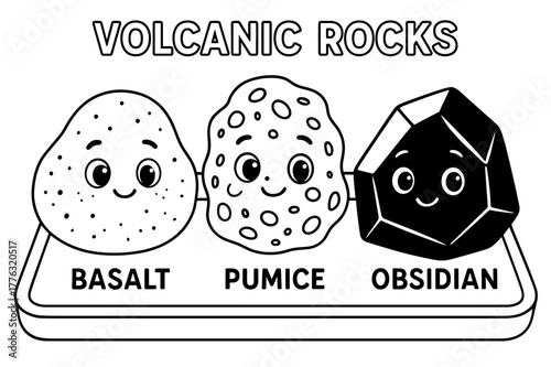 Cute Rock Characters. Volcanic rocks children?s coloring book illustration, outlined drawing, three cute rock characters labeled basalt, pumice, and obsidian