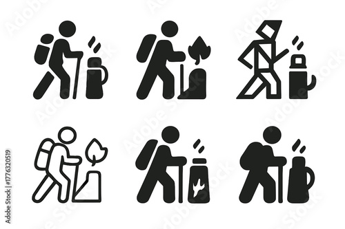 Fall Hiking Logos. Outdoor activities like hiking in the fall. Icon set. Set Logo of outdoor activities like hiking in the fall: insulated thermos with steam.