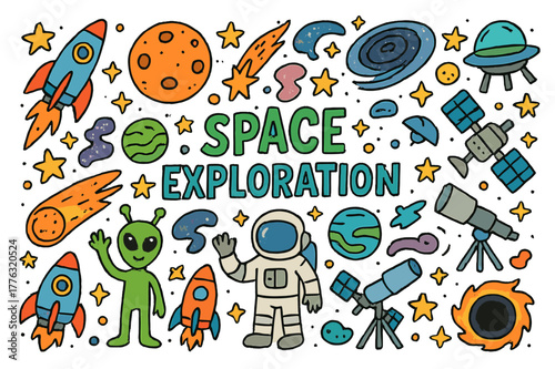 Cosmic Cartoon Adventure. Space Exploration. Colorful Hand-drawn doodle Children illustration Space Exploration, planets, stars, rockets, astronauts, aliens,