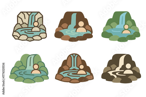 Hot Spring Logo Variations. A hot spring bath with a natural, serene landscape around it. Icon set. Set Logo of A hot spring bath with a natural, serene