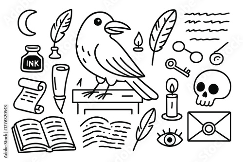 Raven's Writing Desk. Raven and writing. Hand-drawn doodle illustration Raven and writing quill, ink bottle, parchment scroll, open book, candle, feather, key,