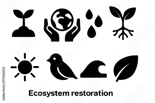 Ecosystem Restoration Icons. Ecosystem restoration. Filled icon set of ecosystem restoration: plant sprout,