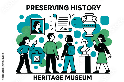 Floating History Exhibits. Heritage museums. Visitors explore a museum hall with floating exhibits of
