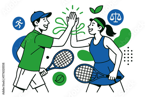 Energetic Tennis Celebration. Team spirit. Friends exchanging high-fives after a tennis point, glowing lines