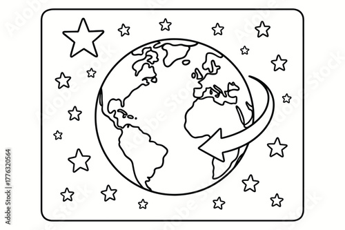 Earth Rotation Coloring Page. Stars and Earth?s rotation children?s coloring book illustration, outlined drawing, a globe showing a curved arrow of rotation