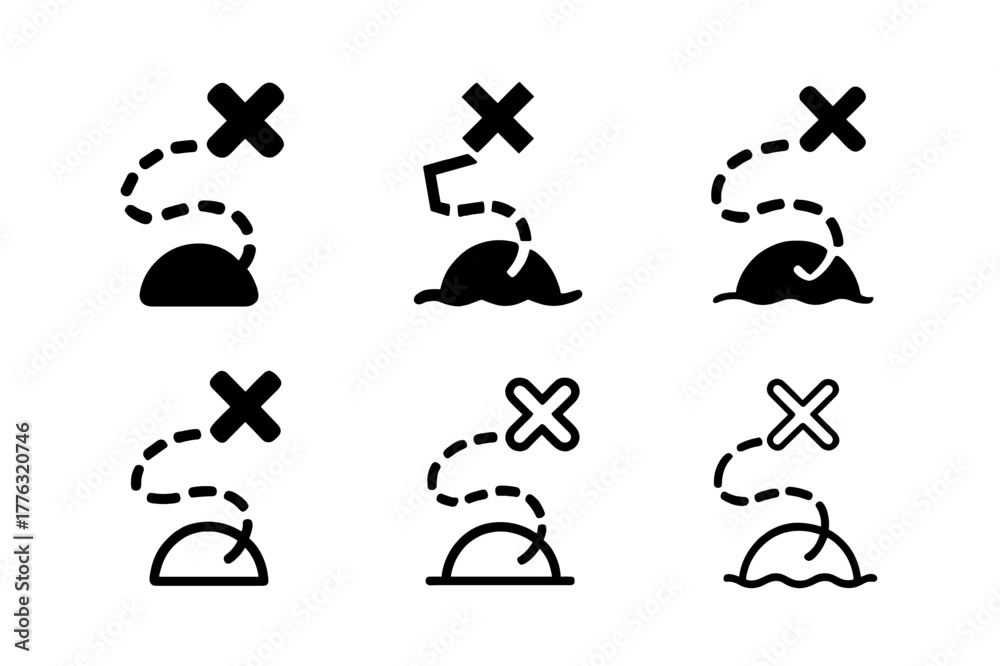 Naklejka premium Smuggler?s Route Logos. Smuggler?s route. Set Logo of Smuggler?s route: dashed line to hidden cove. harmonious logo variations of the same emblematic concept,