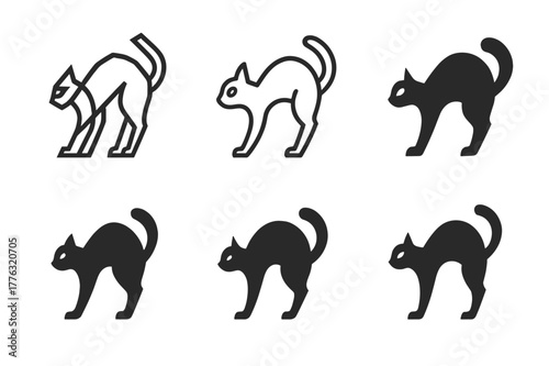 Halloween Logo Variations. Halloween parties and decorations. Set Logo of Halloween parties and decorations: black cat with arched back. Icon set. harmonious