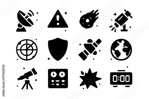 Planetary Defense Icons. Planetary defense and meteors. Solid icons set of Planetary defense and meteors: radar dish, warning alert, asteroid path, laser