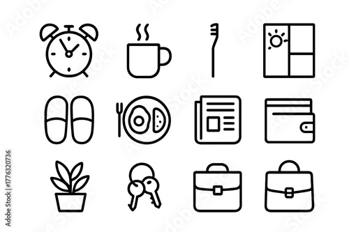 Morning Routine Icons. Morning Routine. Line icon set of Morning Routine: alarm clock, steaming mug, toothbrush, mirror, slippers, breakfast plate, newspaper,