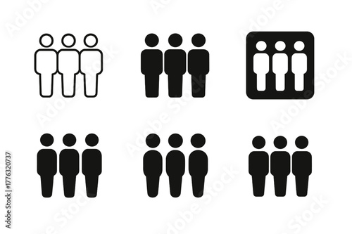 Crowd Behavior Logos. Crowd behavior. Set Logo of crowd behavior: queue formation with spaced figures. Icon set. harmonious logo variations of the same
