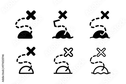 Smuggler?s Route Logos. Smuggler?s route. Set Logo of Smuggler?s route: dashed line to hidden cove. harmonious logo variations of the same emblematic concept,