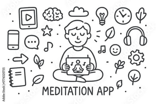 Meditation Doodle Icons. Meditation guidance. Hand-drawn doodle illustration of meditation guidance. In the