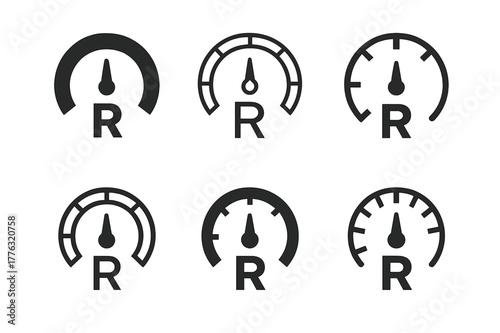Insulation Logo Variations. Insulation R-value planning. Set Logo of Insulation R-value planning: gauge dial with R. harmonious logo variations of the same