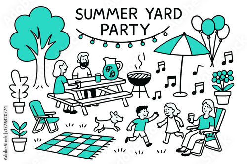 Summer Yard Festivities. // Summer yard party. Hand-drawn doodle illustration Summer yard party [tree shade (accented), picnic table (accented), grill,