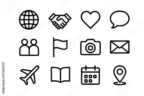 Cross-Cultural Icon Set. Cross-cultural exchange. Line outline icon set of cross-cultural exchange: globe,