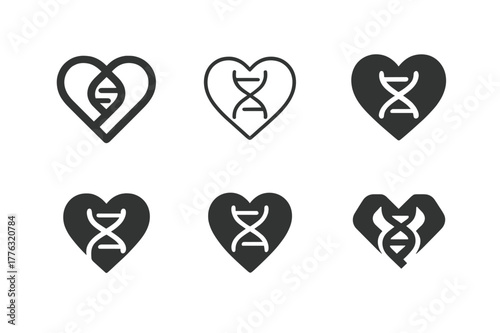 Genetic Testing Logos. Genetic testing in healthcare. Set Logo of Genetic testing in healthcare: heart shape with helix core. Icon set. harmonious logo