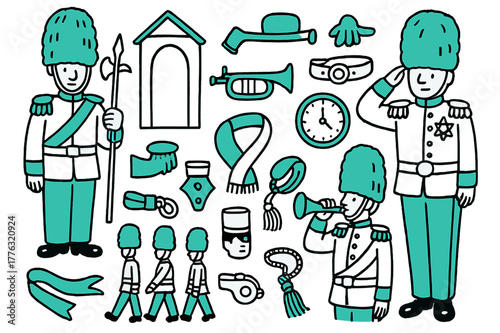 Royal Guard Doodle. Royal guards. Hand-drawn doodle illustration royal guards [bearskin hat (accented), ceremonial uniform (accented), halberd, guard box