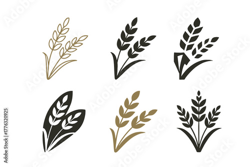Wheat Logo Variations. A field of golden wheat swaying in the breeze. Set Logo of a field of golden wheat swaying in the breeze: wind-swept wheat stalks