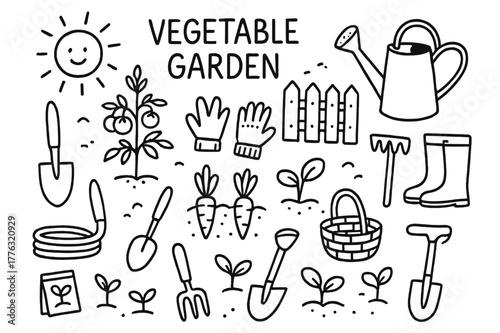 Garden Tools and Produce. Vegetable garden. Hand-drawn doodle illustration vegetable garden carrots, tomatoes, shovel, watering can, rake, basket, gloves,